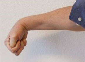 Adult male lower arm, wrist and clenched fist, facing downwards