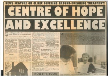 Image shows old newspaper clipping from when the Bobath centre first opened. Title 'Centre of hope and excellence'. 