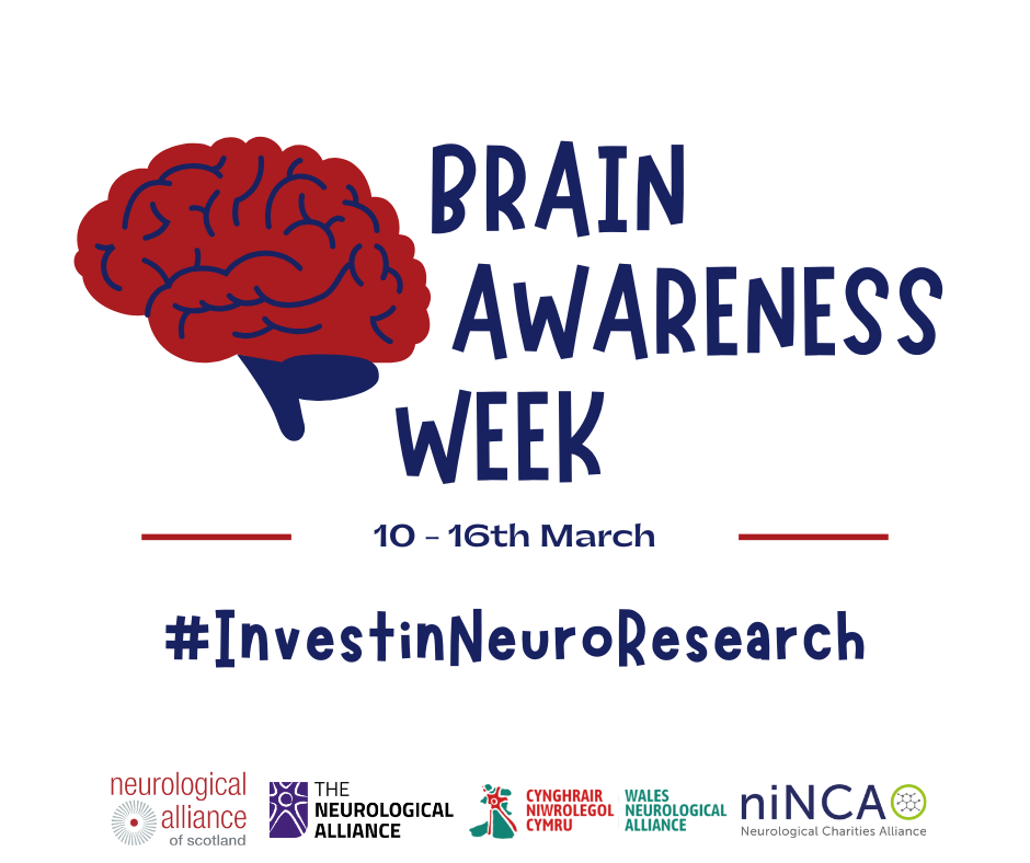 Image of a red and blue cartoon brain. Text says: Brain Awareness Week 10th- 16th March. #InvestInNeuroResearch
